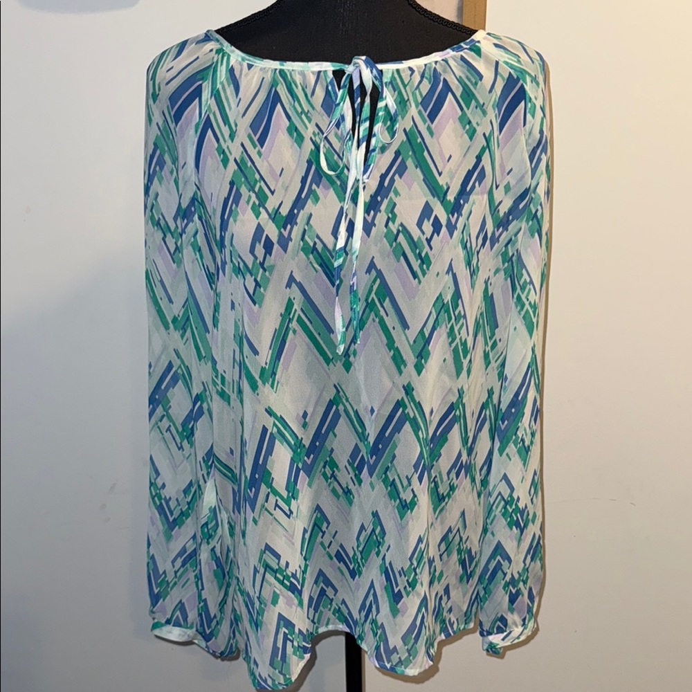 Blue and Green Sleeveless Tie Front Blouse